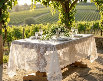 May include: A rectangular wooden table covered with a white lace tablecloth featuring intricate floral patterns. The table is set with clear glass goblets, white ceramic plates, and a central floral arrangement with white flowers and green foliage.