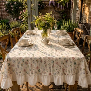 Mantel floral de estilo campestre francés, mantel con estampado botánico de loto, decoración de comedor estilo cottagecore.