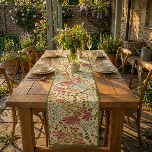 May include: A rectangular table runner featuring a botanical print of pink flowers, green foliage, and small red berries on a cream background, with a scalloped green edge, laid flat on a wooden table set with white plates and glassware.
