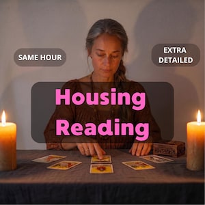 May include: A person with long hair wearing a brown top sits at a table with tarot cards, two lit candles, and a small wooden box. Text overlays read SAME HOUR, EXTRA DETAILED, and Housing Reading in pink letters against a dark rectangular background.