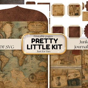 May include: A digital junk journal kit featuring printable pages with vintage world map designs, travel-themed ephemera, and wood grain textures. The set includes PDF and SVG files labeled with the text Pretty Little Kit and Junk journal kit.