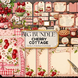 Kit de diario creativo Cherry Cottage, paquete de efímeros Cherry, kit Cottagecore imprimible, descarga en PDF y PNG