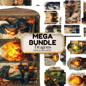 Può includere: Un kit digitale per junk journal contenente una collezione di efemeridi cartacee a tema draghi. Il set include vari ritagli rettangolari e sagomati che mostrano illustrazioni di draghi, uova luminose, boccette di pozioni e pagine di libri.