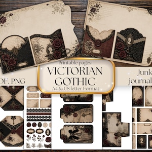 Könnte beinhalten: Ein druckbares Junk-Journal-Set mit viktorianischen Gothic-Motiven auf A4- und US-Letter-Seiten. Das Set enthält Umschläge, Anhänger, Etiketten und dekoratives Papier mit dunkelroten Rosen, schwarzer Spitze, Cameo-Silhouetten und alten Schlüsseln.