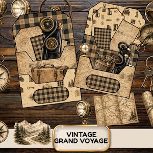 Op de afbeelding: Een verzameling digitale papieren labels en elementen met een vintage reisthema. De ontwerpen bevatten illustraties van oude auto's, kompassen, kaarten, koffers, sleutels en dennenbomen, geaccentueerd met een zwart en beige ruitpatroon.