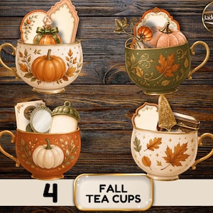 May include: Four decorative tea cups featuring autumn-themed illustrations of pumpkins and fall leaves. Each cup contains various items like tags, a mirror, and a cake server. The text 4 FALL TEA CUPS is displayed at the bottom of the image.