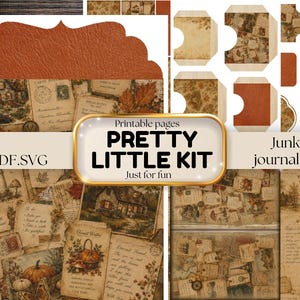 May include: A printable junk journal kit featuring PDF and SVG files with autumn-themed designs. The collection includes pages with vintage illustrations of cottages, pumpkins, leaves, and handwritten script text labeled Pretty Little Kit.