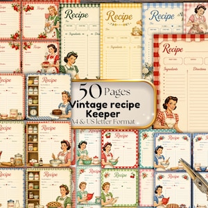 Rezeptsammlung im Vintage-Stil zum Ausdrucken, Retro-Rezeptkarten, Rezeptordner aus den 1950er Jahren, PDF-Download