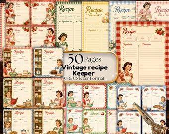 Könnte beinhalten: Eine Sammlung von 50 druckbaren Rezeptseiten mit Illustrationen im Vintage-Stil von kochenden Personen, rot-blauen Karomustern und linierten Bereichen für Zutaten und Anleitungen, beschriftet mit dem Text 50 Pages Vintage recipe Keeper.