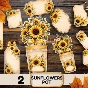 May include: A collection of paper tags and labels featuring sunflower illustrations, including bouquets in pots, decorative borders, and blank spaces for writing, arranged on a dark wood surface with scattered autumn maple leaves.