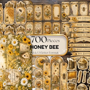 May include: A collection of 700 honey bee themed paper craft elements including tags, banners, and labels. The designs feature sunflowers, daisies, beehives, and bees in yellow and brown tones. Text includes BEE GARDEN, PURE HONEY, and BEE HAPPY.