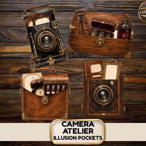 Op de afbeelding: Een verzameling fotografie-apparatuur in vintage-stijl, waaronder een vouwcamera met balg, een houten kist met statief en lantaarn, een leren tas met kleine glazen flesjes en een zakhorloge, en een camera met een fotolijst.