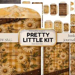 Daisy Suitcase Junk Journal Kit Printable, Golden Wood Ephemera Pack, Yellow Gingham Scrapbook Paper, Digital Download
