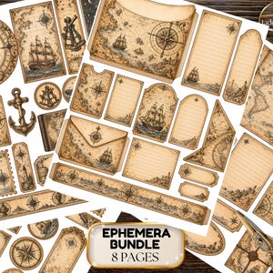 May include: A collection of nautical-themed paper ephemera featuring vintage maps, sailing ships, compass roses, and anchors in sepia tones. The set includes tags, envelopes, lined stationery, and borders, labeled as an Ephemera Bundle 8 Pages.