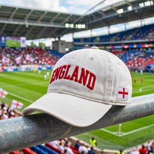 Könnte beinhalten: Eine beige Baseballkappe mit dem Wort ENGLAND, das in fetten roten Großbuchstaben auf der Vorderseite eingestickt ist. Ein kleiner quadratischer Aufnäher mit der rot-weißen St.-Georgs-Flagge ist an der Seite der Kappe angebracht.