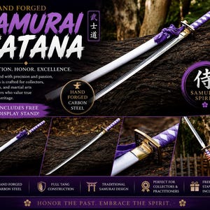 May include: A hand-forged samurai katana featuring a sharp carbon steel blade, a white scabbard, and a purple wrapped handle. The sword includes a gold-toned metal guard and a purple fabric cord accent. Text on the image reads HAND FORGED SAMURAI KATANA.