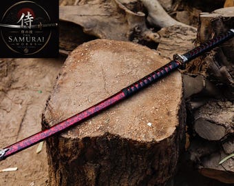 Handgemaakt rood katana-zwaard – Samurai katana met doorlopende tang, lemmet van koolstofstaal, anime-displayzwaard, cadeau voor verzamelaars en cosplay.