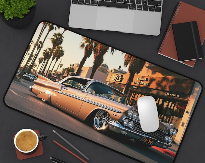 Vintage Lowrider Car Desk Mat | Retro Palm Trees Sunset Road