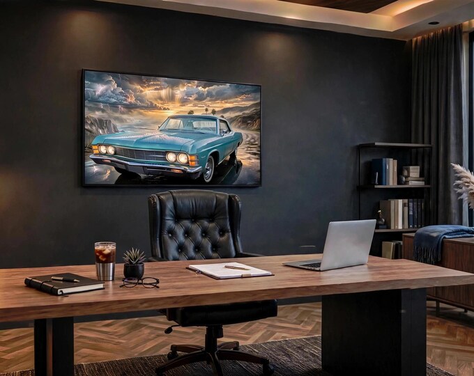 Classic Teal Car Stormy Coastal Sunset Canvas Print, Ocean Road Poster