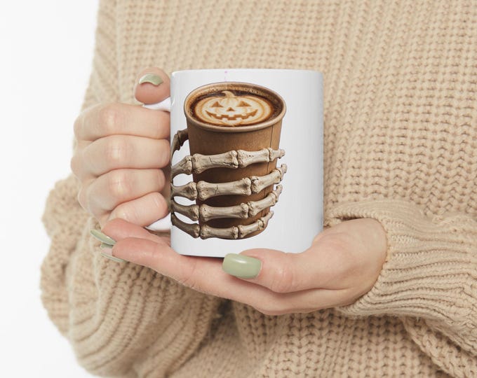 Skeleton Hand Pumpkin Spice Latte Mug, Spooky Halloween Ceramic Cup, Fall Coffee Lover Gift