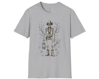 Western Gothic Skeleton Cowboy T-Shirt, Linocut Style Outlaw Tee (100% Cotton)