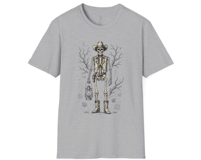 Western Gothic Skeleton Cowboy T-Shirt, Linocut Style Outlaw Tee (100% Cotton)