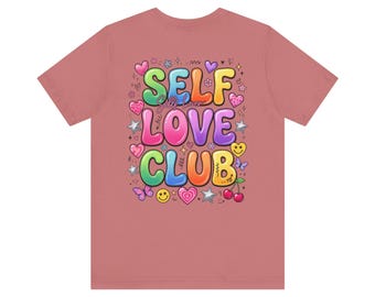 Y2K Self Love Club T-Shirt, Pastel Hearts, Rainbow Graphic Tee (100% Cotton)
