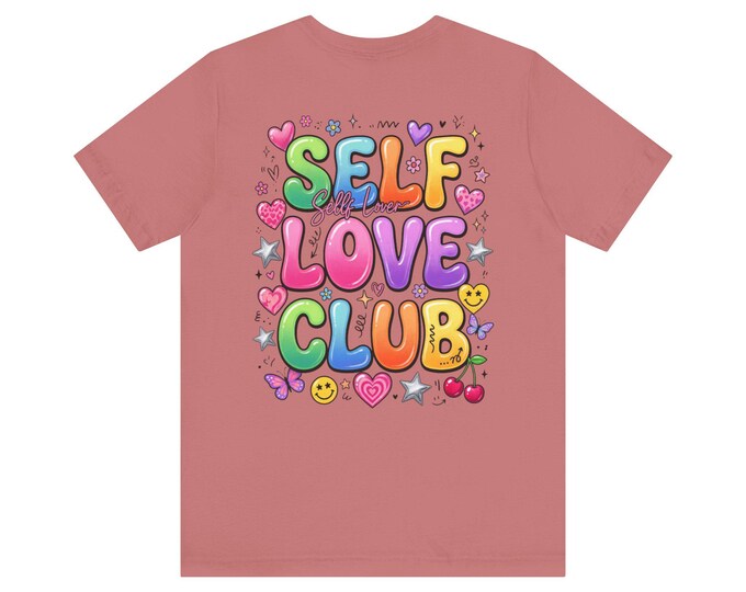 Y2K Self Love Club T-Shirt, Pastel Hearts, Rainbow Graphic Tee (100% Cotton)