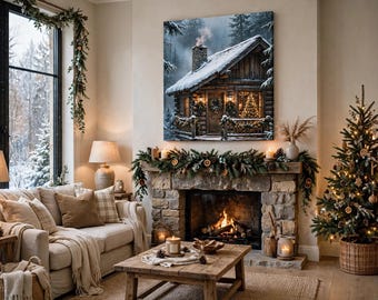 Cozy Winter Log Cabin Print, Snowy Forest Christmas Wall Art (Giclée)