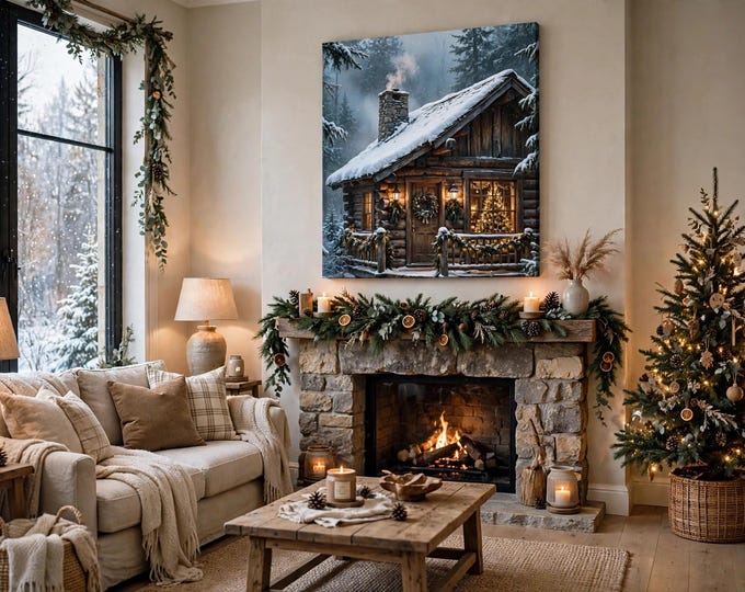 Cozy Winter Log Cabin Print, Snowy Forest Christmas Wall Art (Giclée)