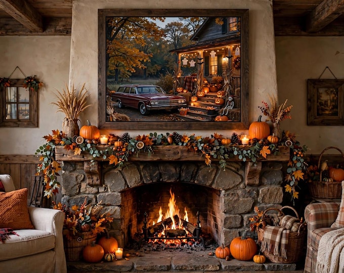 Cozy Halloween Cottage Poster, Vintage Station Wagon Autumn Wall Art (Giclée Print)