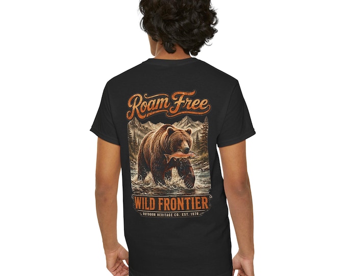 Roam Free Grizzly Bear T-Shirt, Wild Frontier Outdoor Apparel, Vintage Fishing Gift