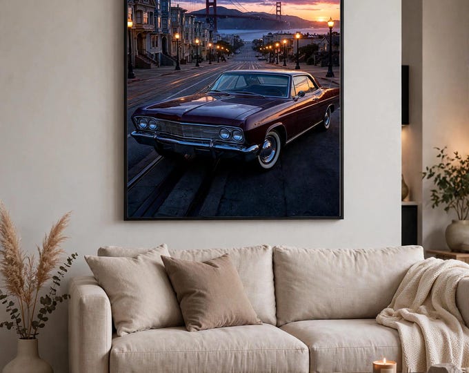 San Francisco Classic Car Canvas Print, Golden Gate Bridge, Twilight Cityscape (Matte Finish)