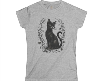 Witchy Black Cat T-Shirt, Celestial Moon Botanical Tee, Gothic Cottagecore Apparel