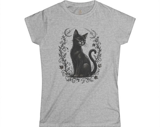Witchy Black Cat T-Shirt, Celestial Moon Botanical Tee, Gothic Cottagecore Apparel