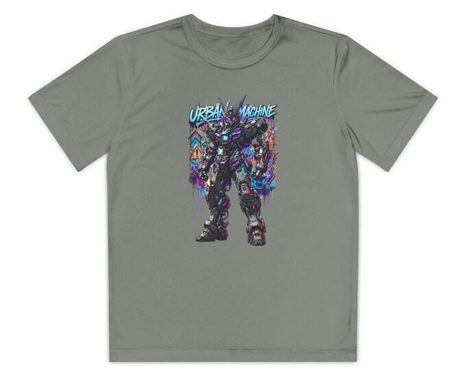 Urban Machine Cyberpunk Mecha Robot T-Shirt, Graffiti Athletic Tee (Kids)