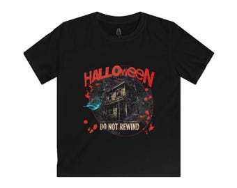 Retro VHS Haunted House Kids T-Shirt, Do Not Rewind Horror Tee (100% Cotton)