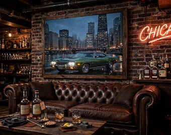 Vintage Green Muscle Car Chicago Skyline Poster, Night City Garage Art Print (300gsm Satin)