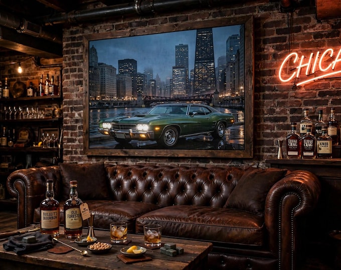 Vintage Green Muscle Car Chicago Skyline Poster, Night City Garage Art Print (300gsm Satin)