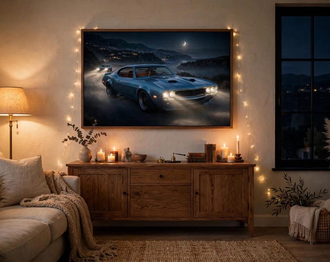 Classic Muscle Car Night Drive Canvas Print, Cinematic Coastal Automotive Art