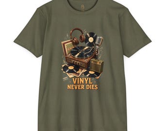 Vinyl Never Dies T-Shirt, Retro Turntable Audiophile Graphic Tee (100% Cotton)