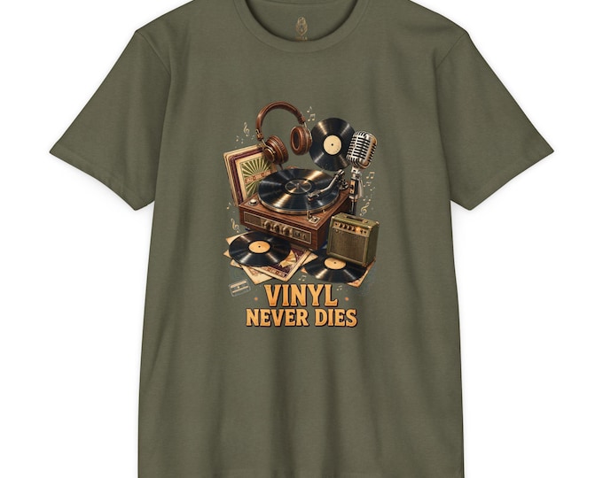 Vinyl Never Dies T-Shirt, Retro Turntable Audiophile Graphic Tee (100% Cotton)
