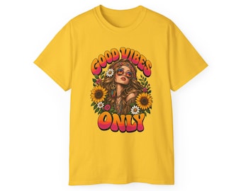 70s Hippie Girl T-Shirt, Sunflower Peace Sign Graphic Tee, Retro Boho Festival Apparel