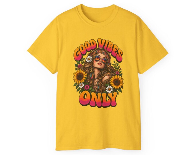 70s Hippie Girl T-Shirt, Sunflower Peace Sign Graphic Tee, Retro Boho Festival Apparel