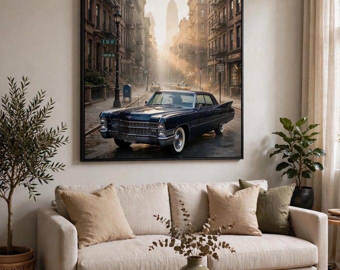 Vintage NYC Street Art, Classic Cadillac, Empire State Building Canvas Print