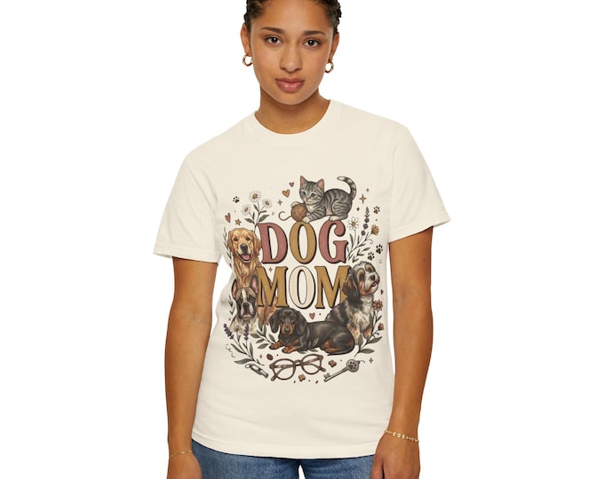 Dog Mom Graphic Tee, Multi-Breed Illustration, Vintage Cotton T-Shirt
