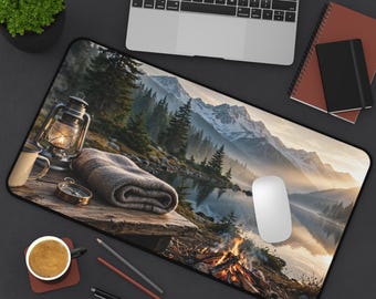 Mountain Lake Camping Desk Mat, Cozy Campfire Mouse Pad, Nature Landscape Gaming Mat