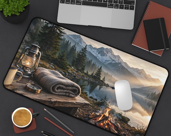Mountain Lake Camping Desk Mat, Cozy Campfire Mouse Pad, Nature Landscape Gaming Mat