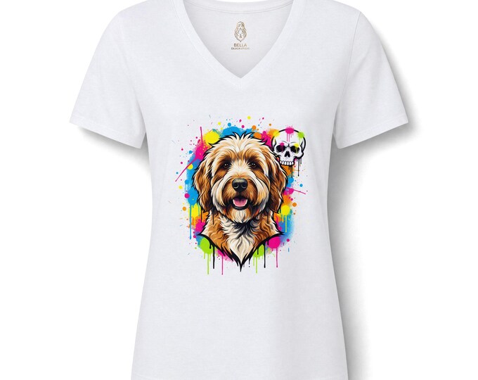 Colorful Doodle Goldendoodle Dog V-Neck Tee | Watercolor Skull Accents