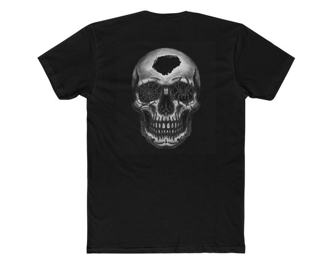 Gothic Skull Spider Web Tee, Dark Grayscale Graphic T-Shirt